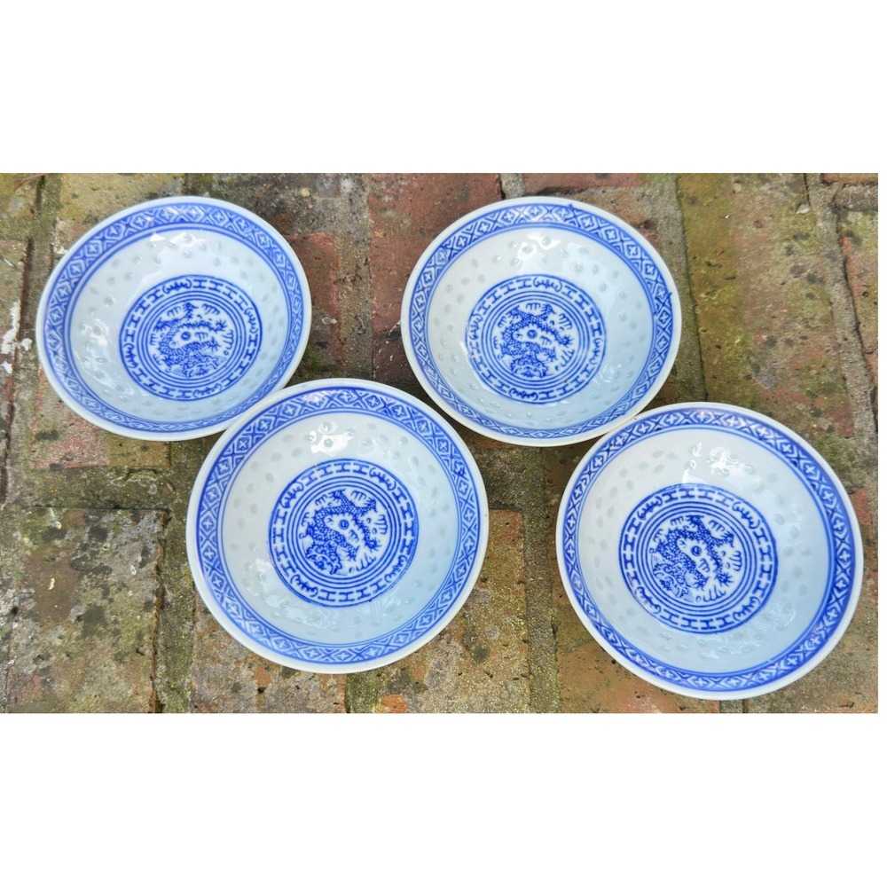 Vintage Chinese Rice Grain Eye Bowls Set 4 Blue White Dragon Linglong Jingdezhen